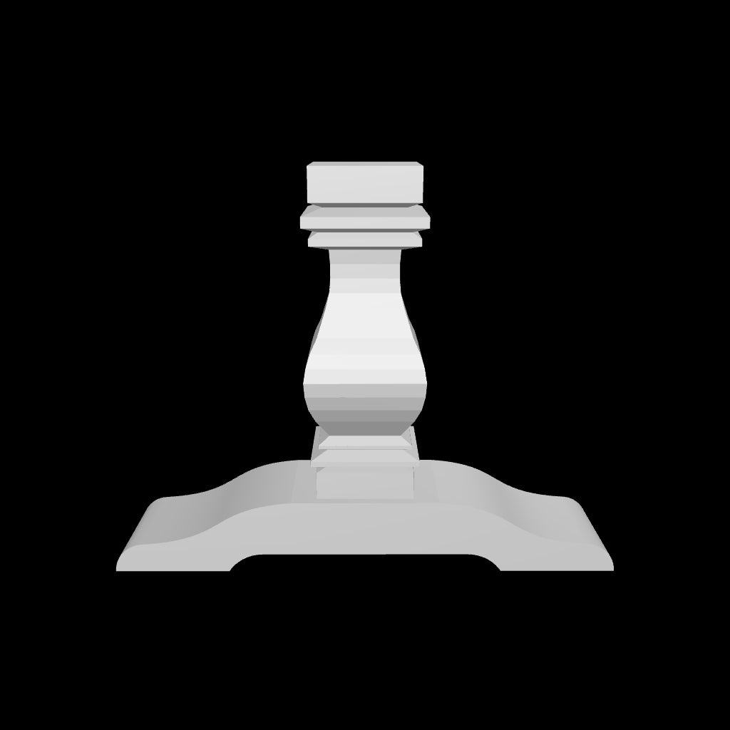 3D model of the Sarah trestle by Carpenter & Sons, showing a shaped center column, stepped upper block and broad curved base rail.