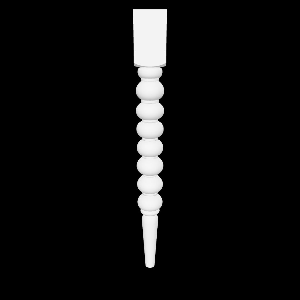 Interactive 3D model of the Nola leg by Carpenter & Sons, USA-made solid hardwood with a square top, a row of rounded bead turnings and a tapered foot.