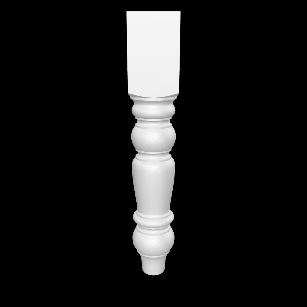 3D model of the Grace leg by Carpenter & Sons, showing a square upper block, rounded upper turnings, tapered center and rounded lower foot.