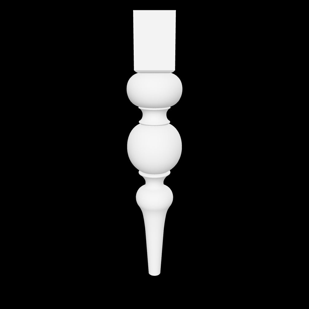 3D model of the Sophia leg by Carpenter & Sons, showing a square upper block, two large rounded turnings and a slender tapered lower shaft.