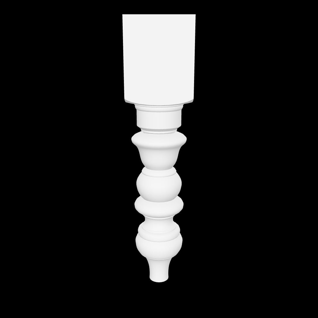Interactive 3D model of the Sierra leg by Carpenter & Sons, USA-made solid hardwood with a square upper block and stacked rounded turnings tapering toward the foot.