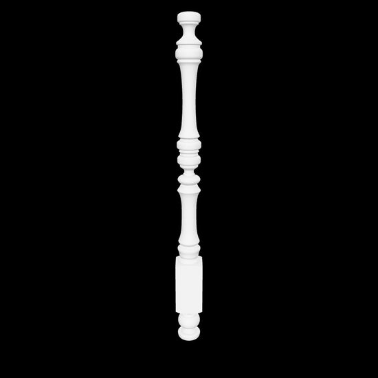 Interactive 3D model of the Scout bed post by Carpenter & Sons, USA-made solid hardwood with a rounded finial, slender upper shaft and rounded turnings above the square lower block.
