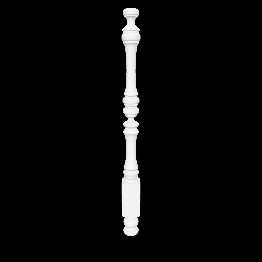 Interactive 3D model of the Scout bed post by Carpenter & Sons, USA-made solid hardwood with a rounded finial, slender upper shaft and rounded turnings above the square lower block.