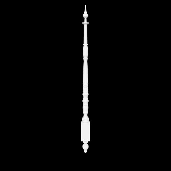 Interactive 3D model of the Flynn bed post by Carpenter & Sons, USA-made solid hardwood with a pointed finial, stacked turned details and a long slender shaft.