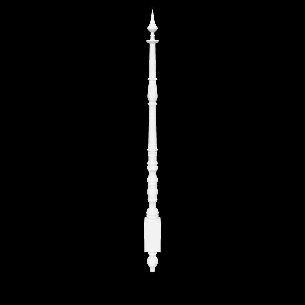 Interactive 3D model of the Flynn bed post by Carpenter & Sons, USA-made solid hardwood with a pointed finial, stacked turned details and a long slender shaft.